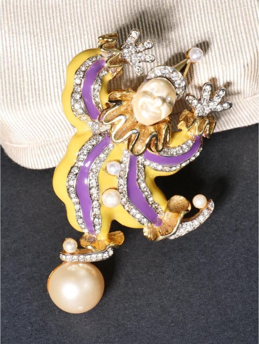 Vintage Kenneth Jay Lane Rare Purple and Yellow Enamel Clown Brooch [AS IS]